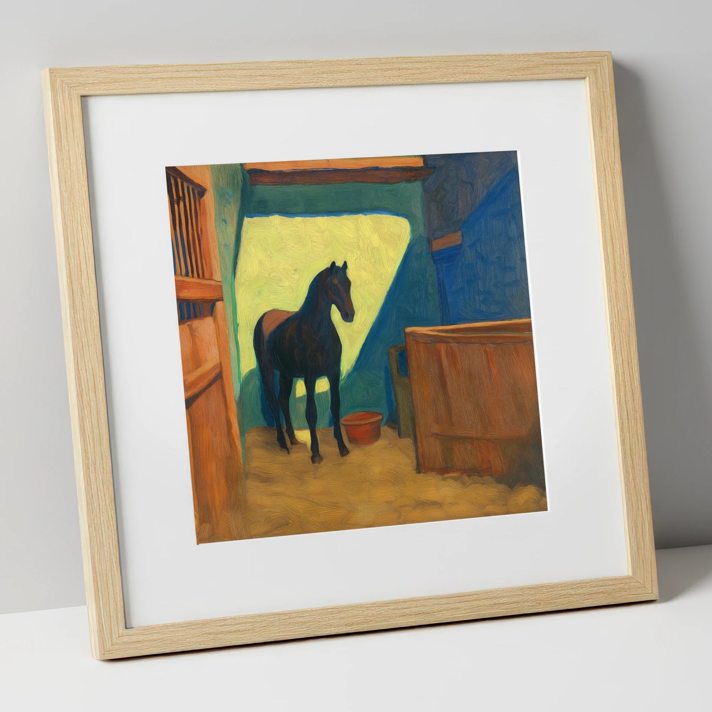 The Sunlit Stall horse stable art print in natural frame