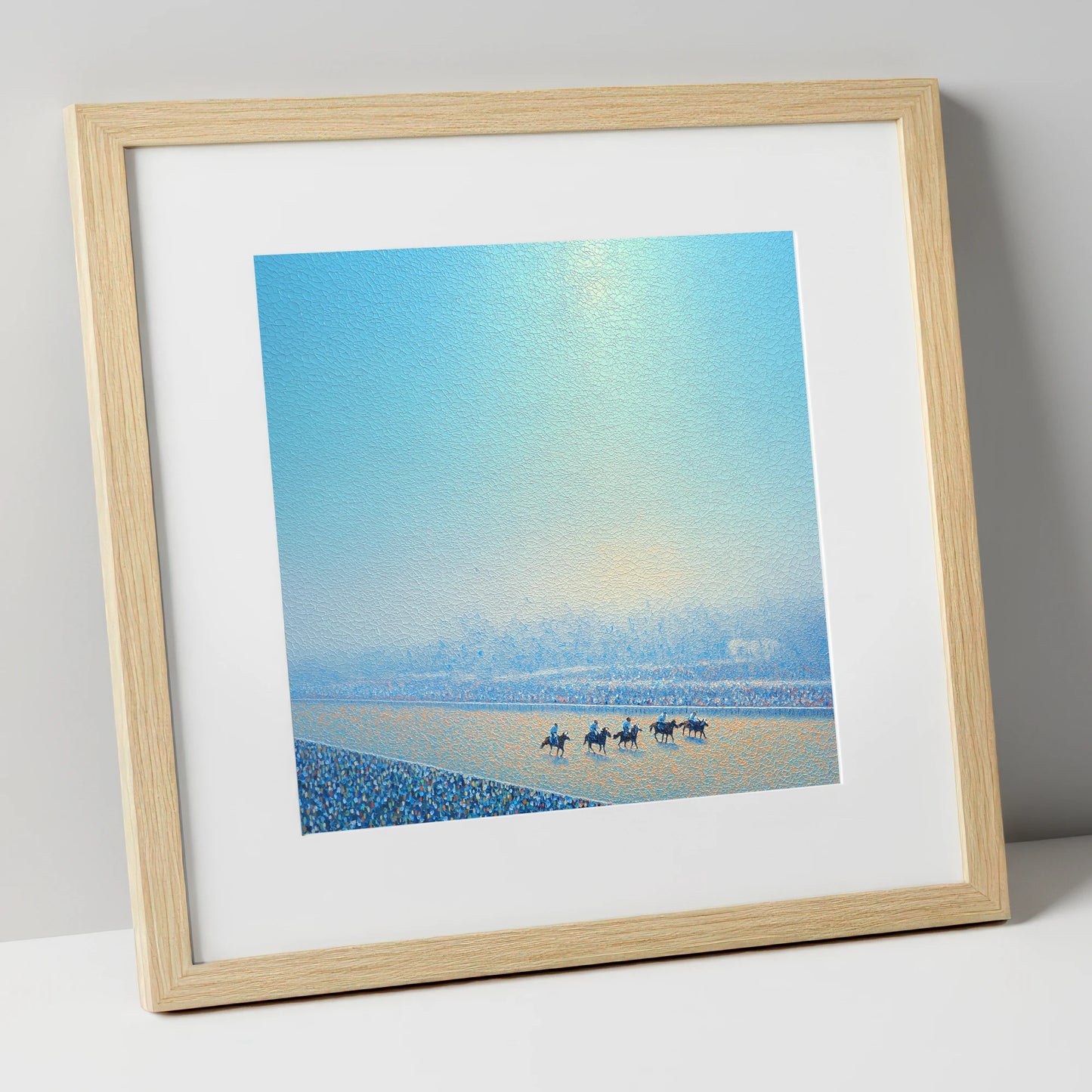 Luminous Morning Race racing horse art print in natural frame