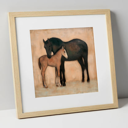 Quiet Affection mare & foal art print in natural frame