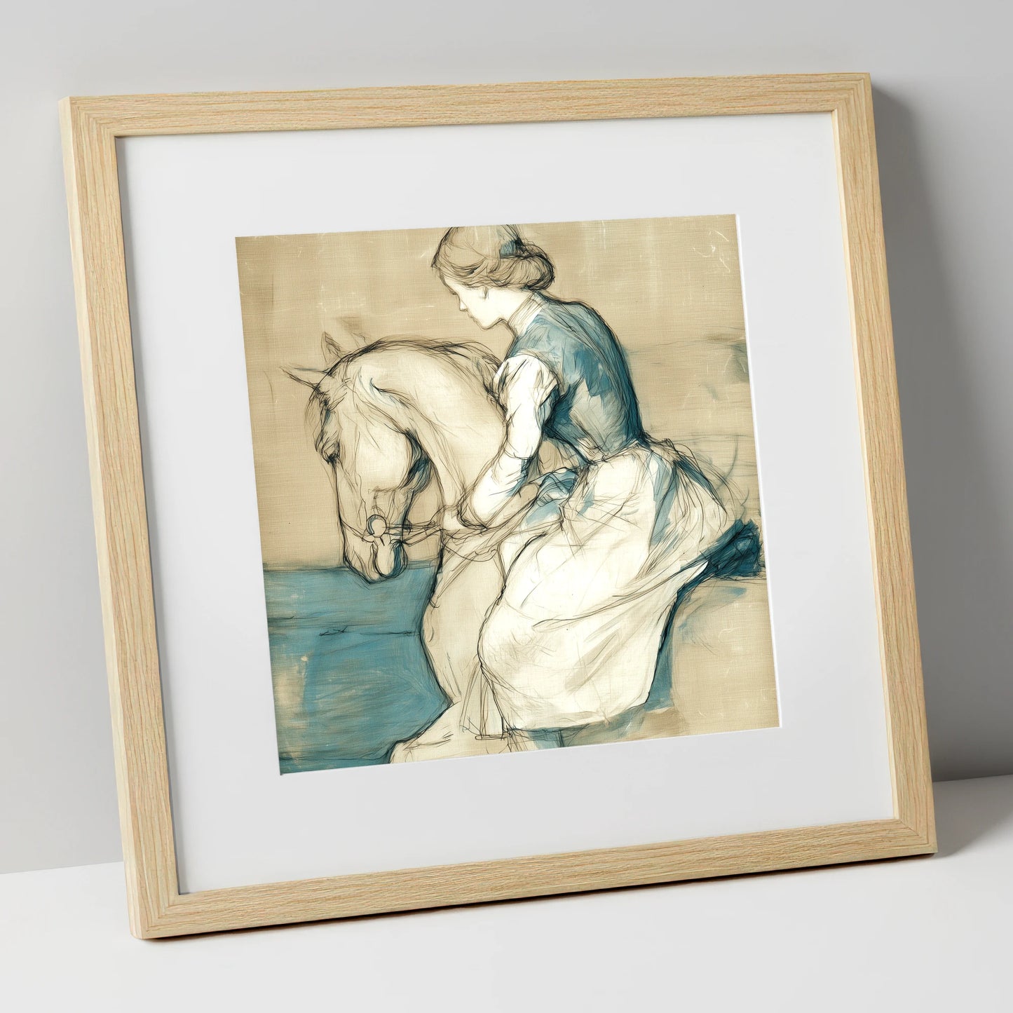 A Quiet Harmony horse & rider art print in natural frame