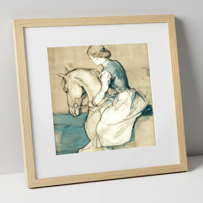 A Quiet Harmony horse & rider art print in natural frame