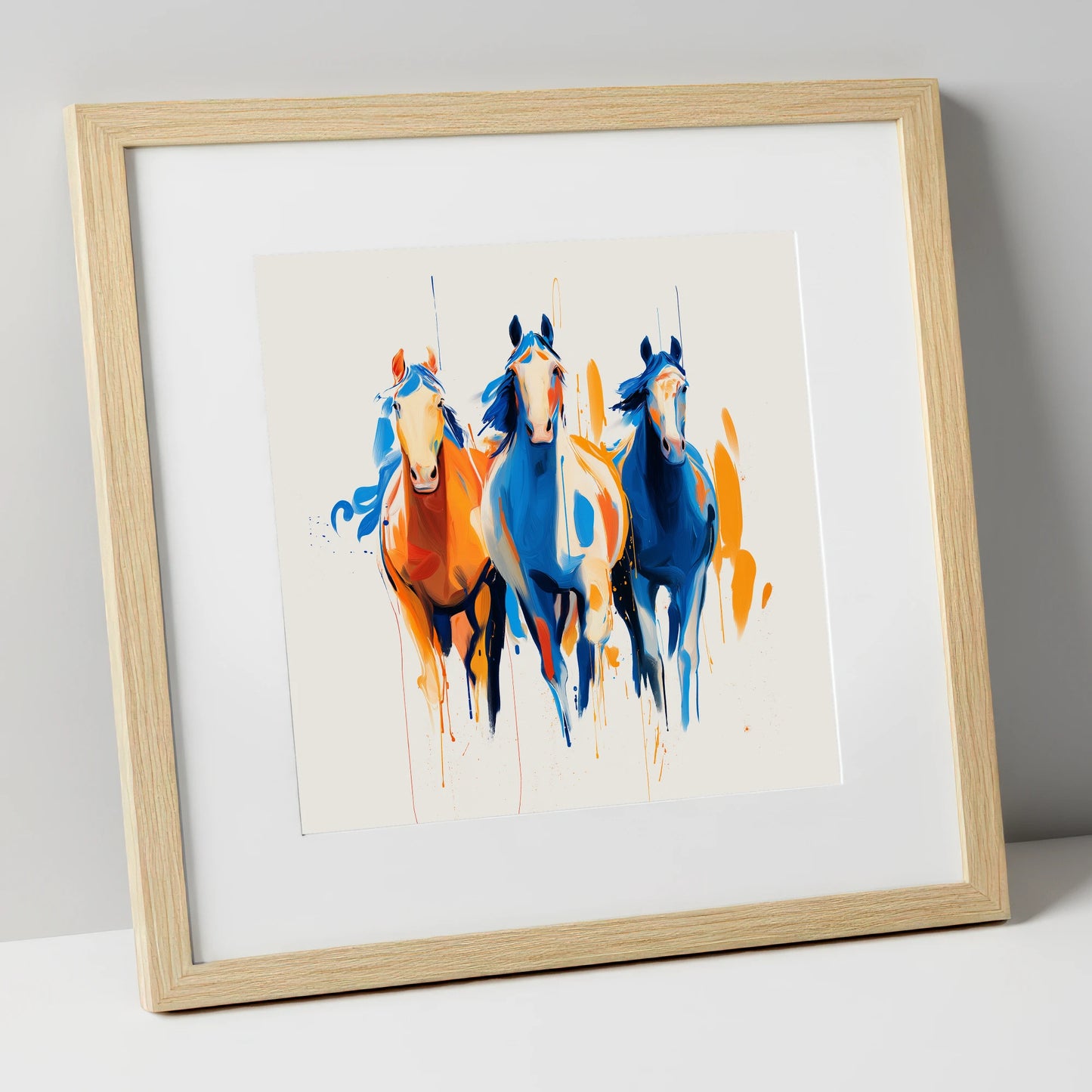 Cobalt and Amber Canter wild horses art print in natural frame