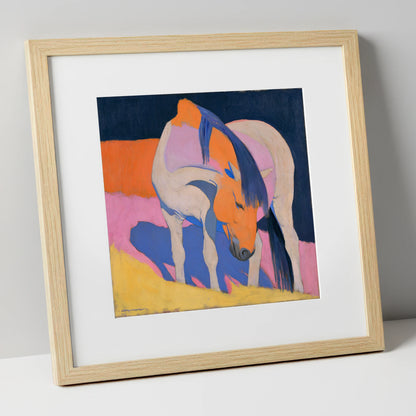 Vibrant Horse with Blue Mane horse breed art print in natural frame