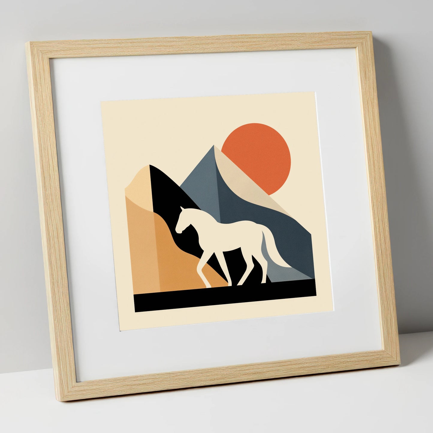 Abstract Equine Sunrise horse landscape art print in natural frame