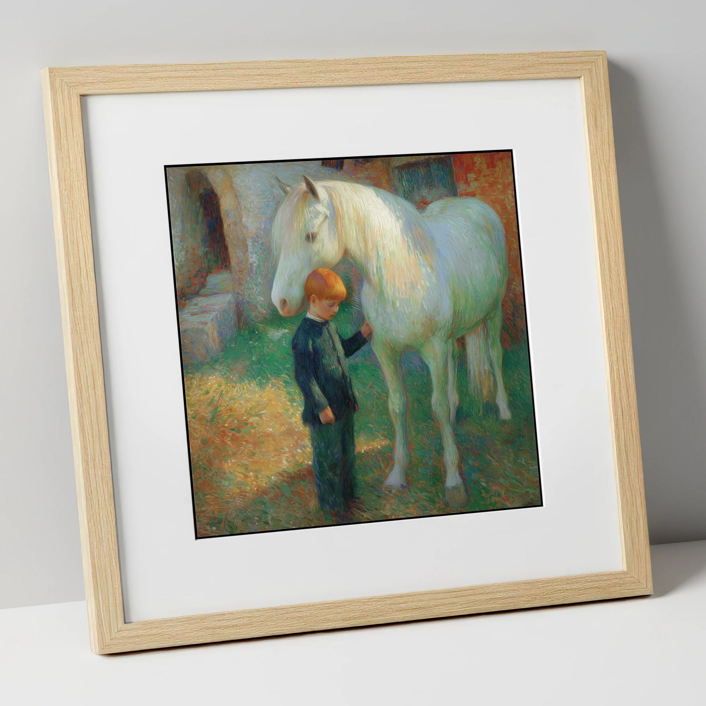 A Quiet Understanding horse & rider art print in natural frame