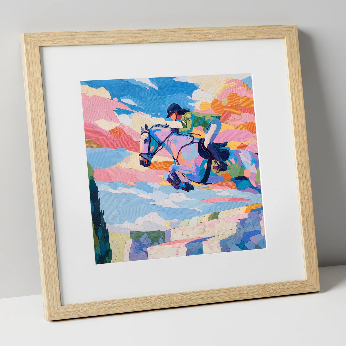 Technicolour Flight show jumping horse art print in natural frame