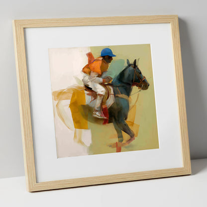 Cerulean and Silk racing horse art print in natural frame