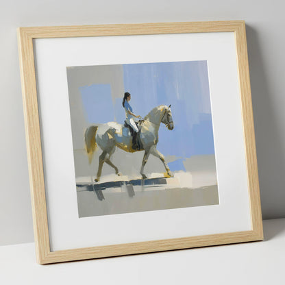 The Sunlit Grey dressage horse art print in natural frame