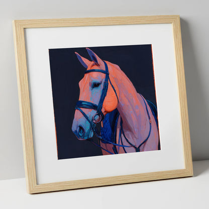 Midnight and Peach Profile horse portrait art print in natural frame