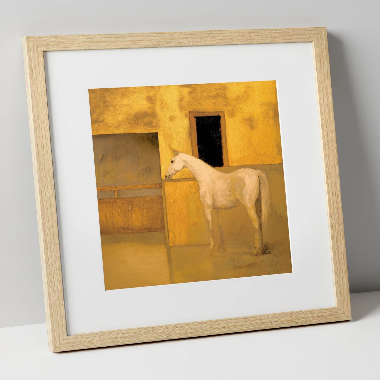 Ochre and Cream horse stable art print in natural frame