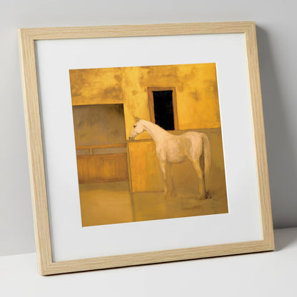 Ochre and Cream horse stable art print in natural frame
