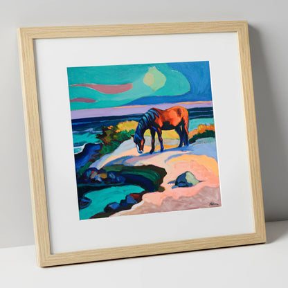 Vibrant Coastal Graze horse landscape art print in natural frame