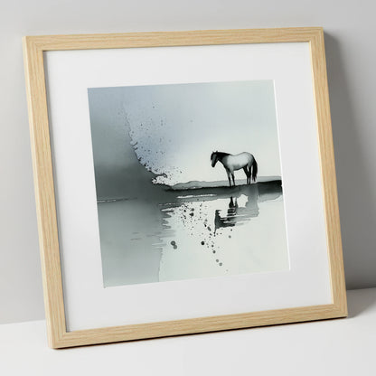 Stillness in Grey horse landscape art print in natural frame