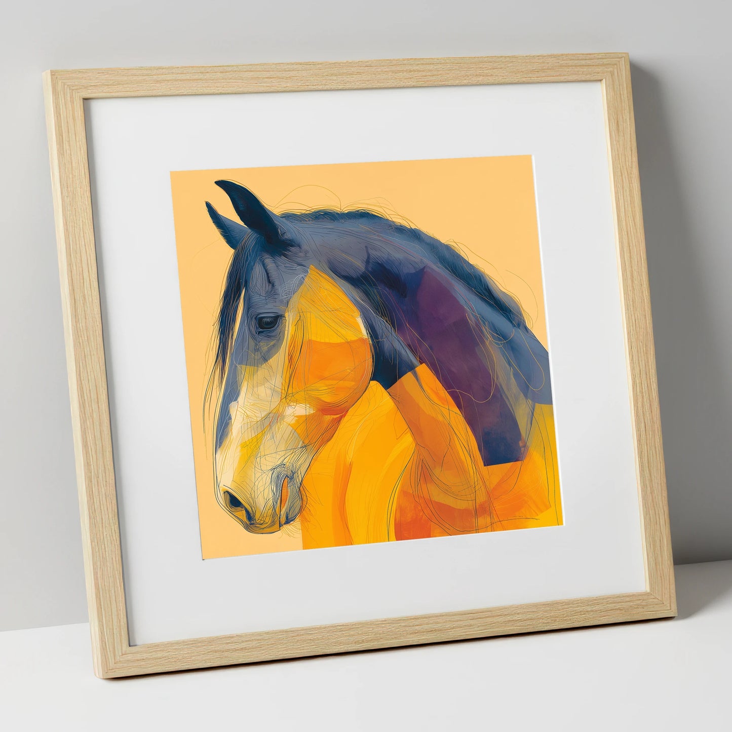 Vivid Cobalt Profile horse breed art print in natural frame