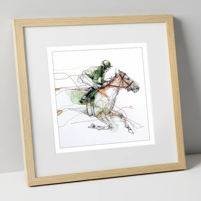 The Final Furlong racing horse art print in natural frame