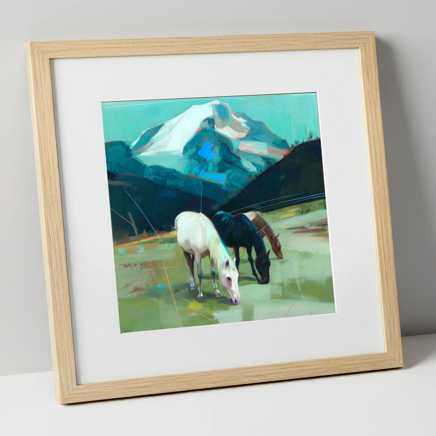 Teal Mountain Pasture horse landscape art print in natural frame