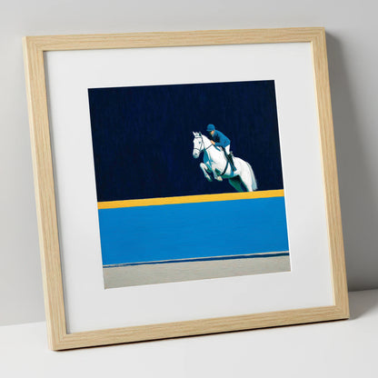 Airborne Over Azure show jumping horse art print in natural frame