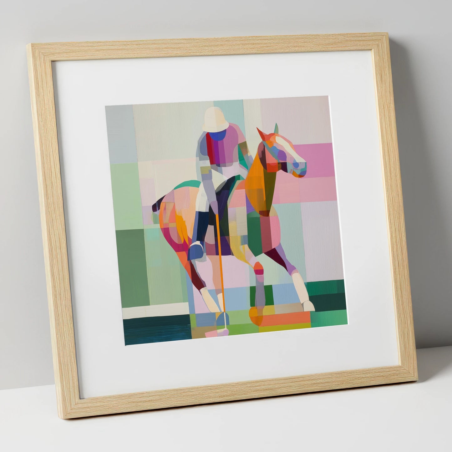 Geometric Polo Strike polo horse art print in natural frame