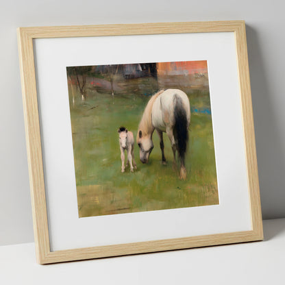 Quiet Pastoral Bond mare & foal art print in natural frame