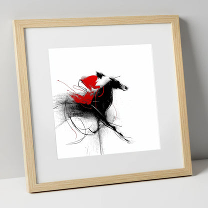 Crimson Sprint racing horse art print in natural frame