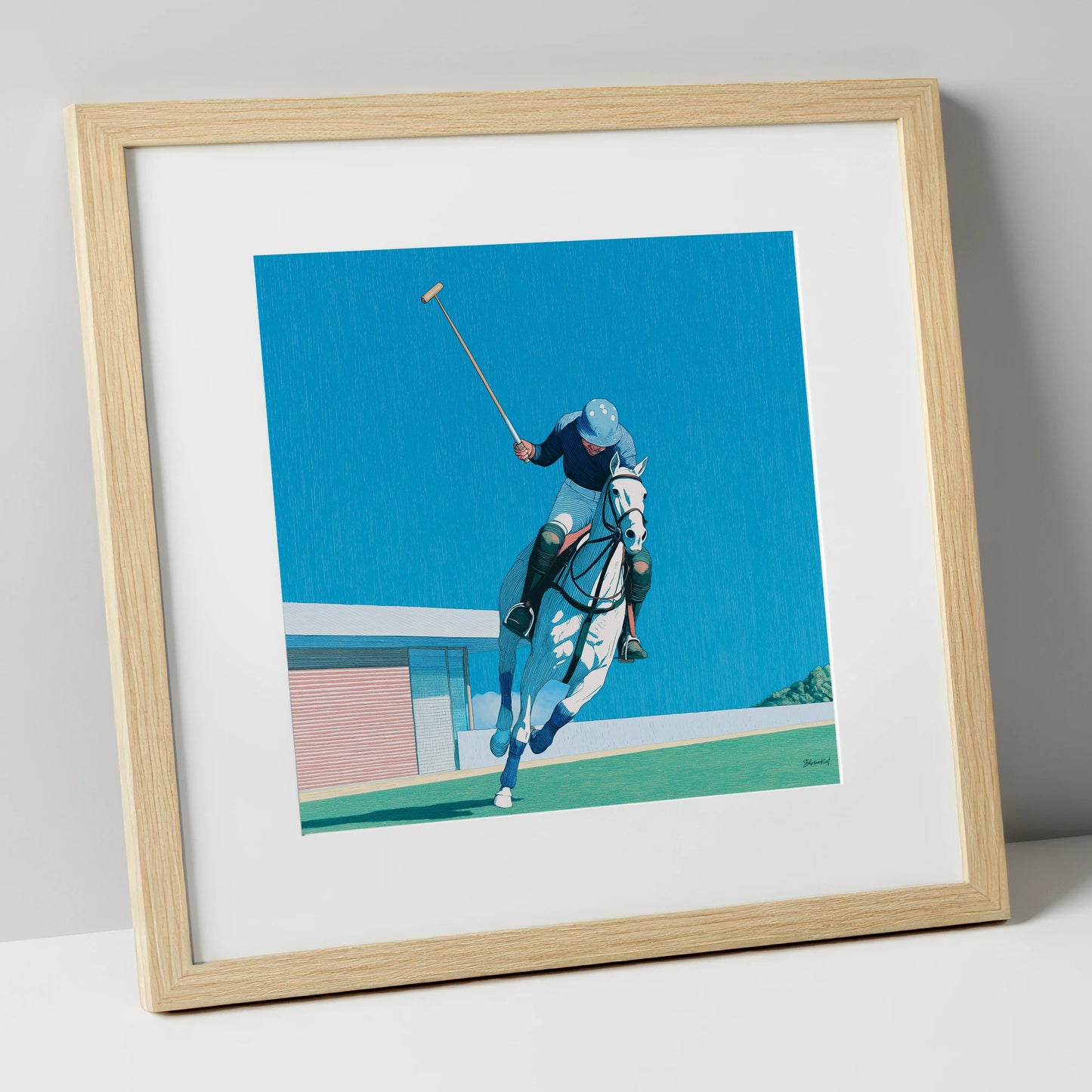 The Azure Chukka polo horse art print in natural frame
