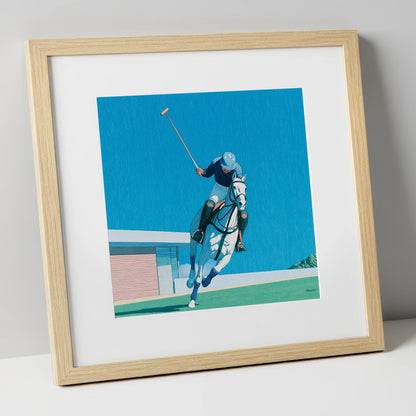 The Azure Chukka polo horse art print in natural frame
