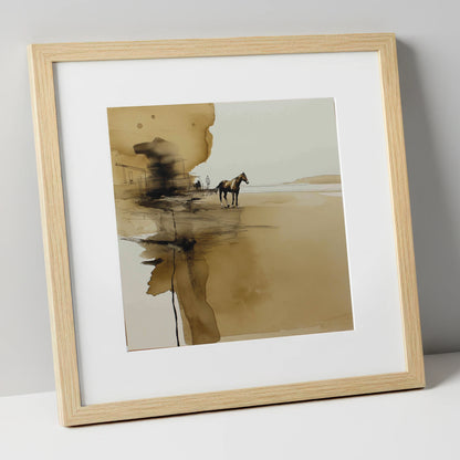 Sepia Solitude horse landscape art print in natural frame