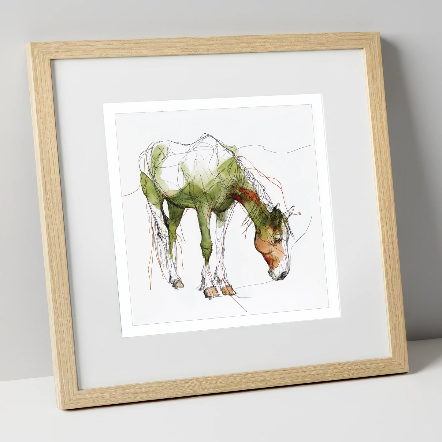 The Quiet Grazer working horse art print in natural frame