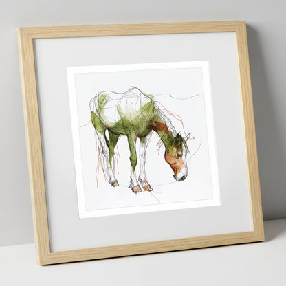 The Quiet Grazer working horse art print in natural frame
