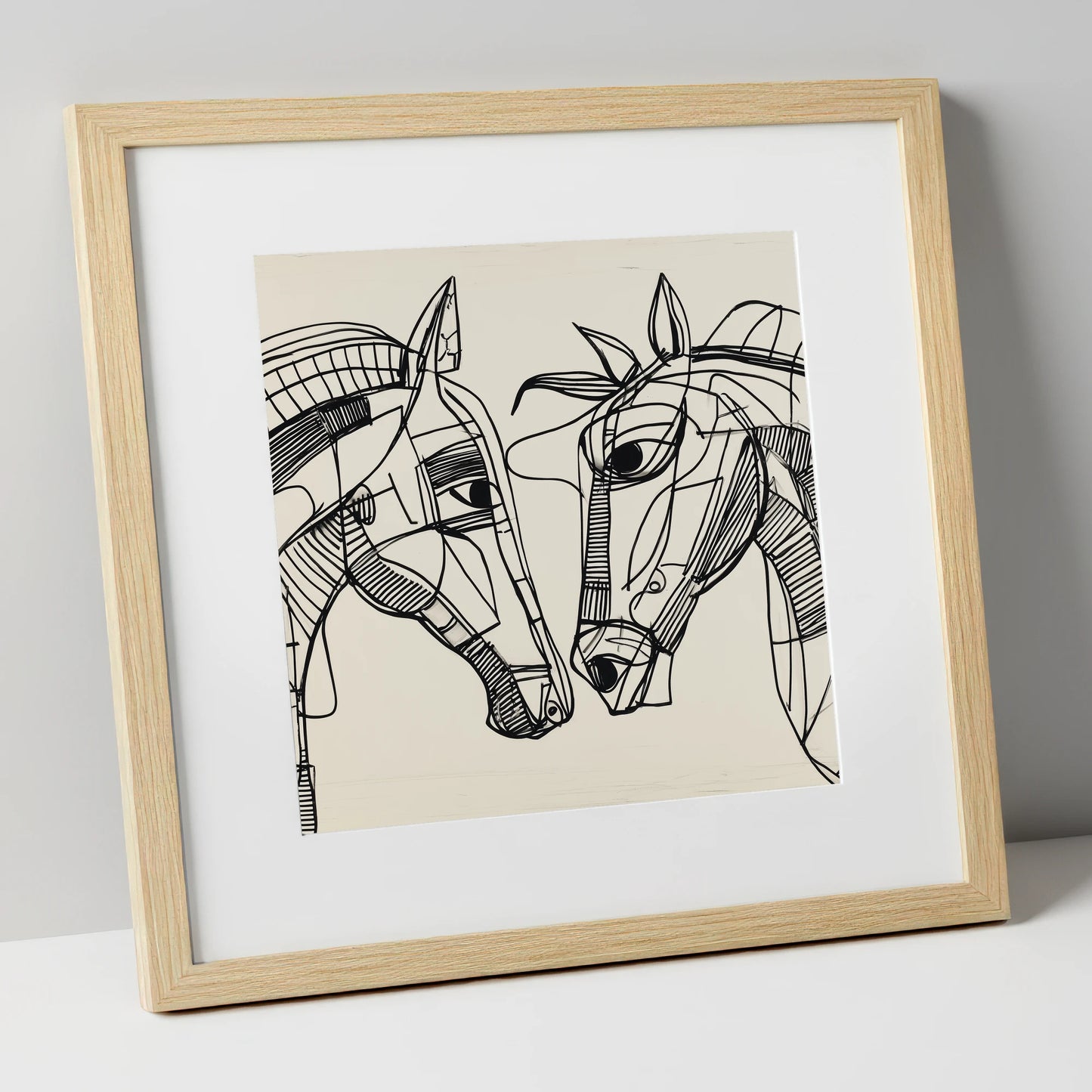 Linear Equine Connection horse portrait art print in natural frame