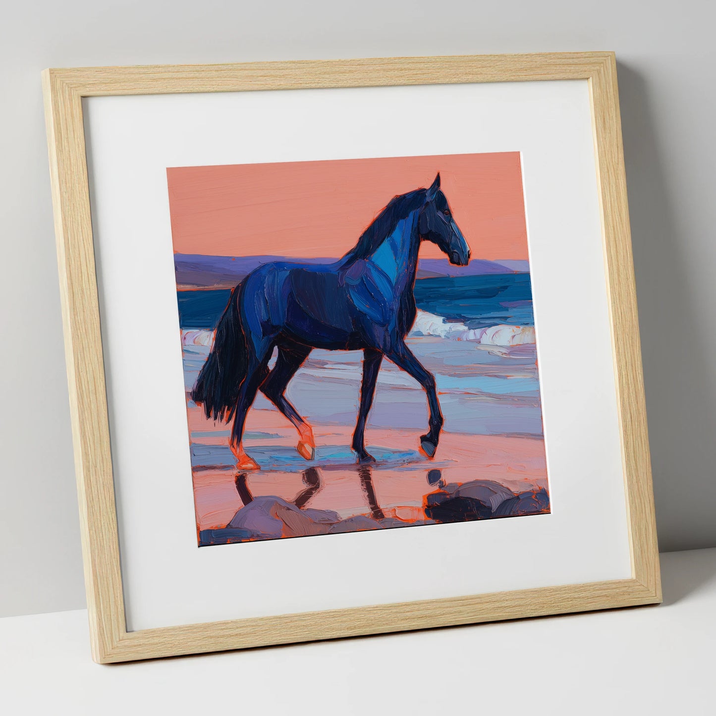 Indigo Beach Stride horse landscape art print in natural frame