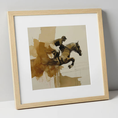 Moment of Suspension show jumping horse art print in natural frame