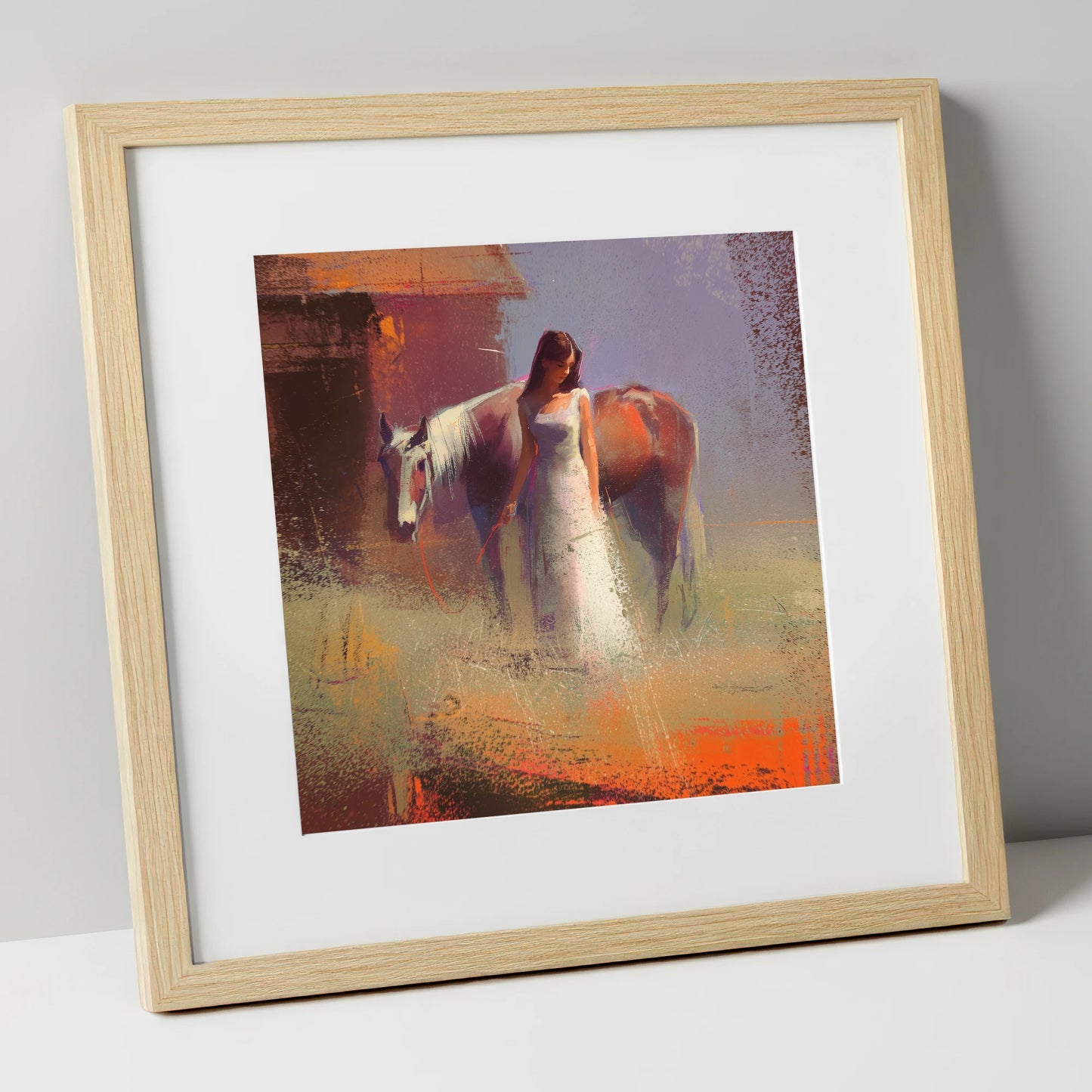 A Quiet Bond horse & rider art print in natural frame