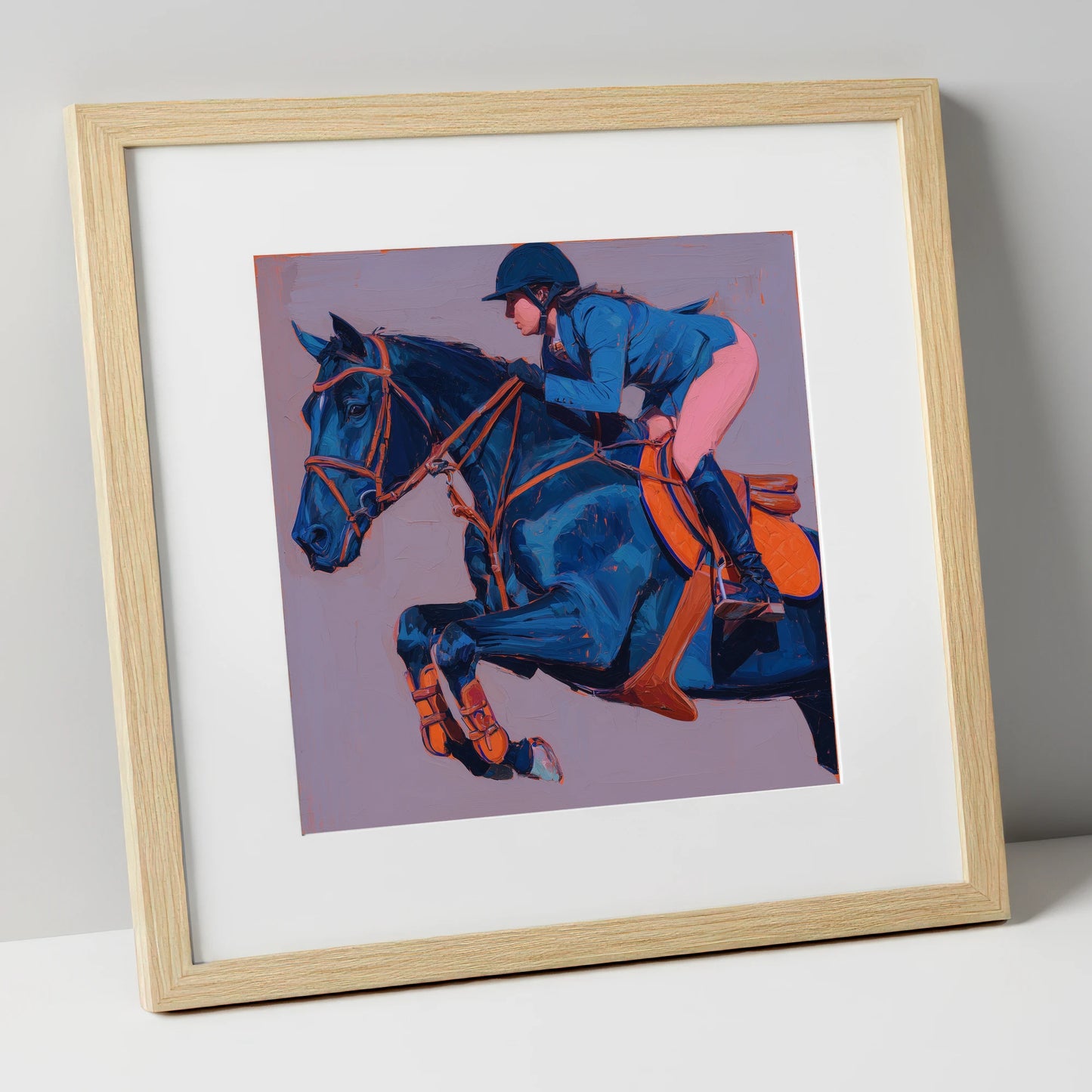 Flight in Indigo show jumping horse art print in natural frame