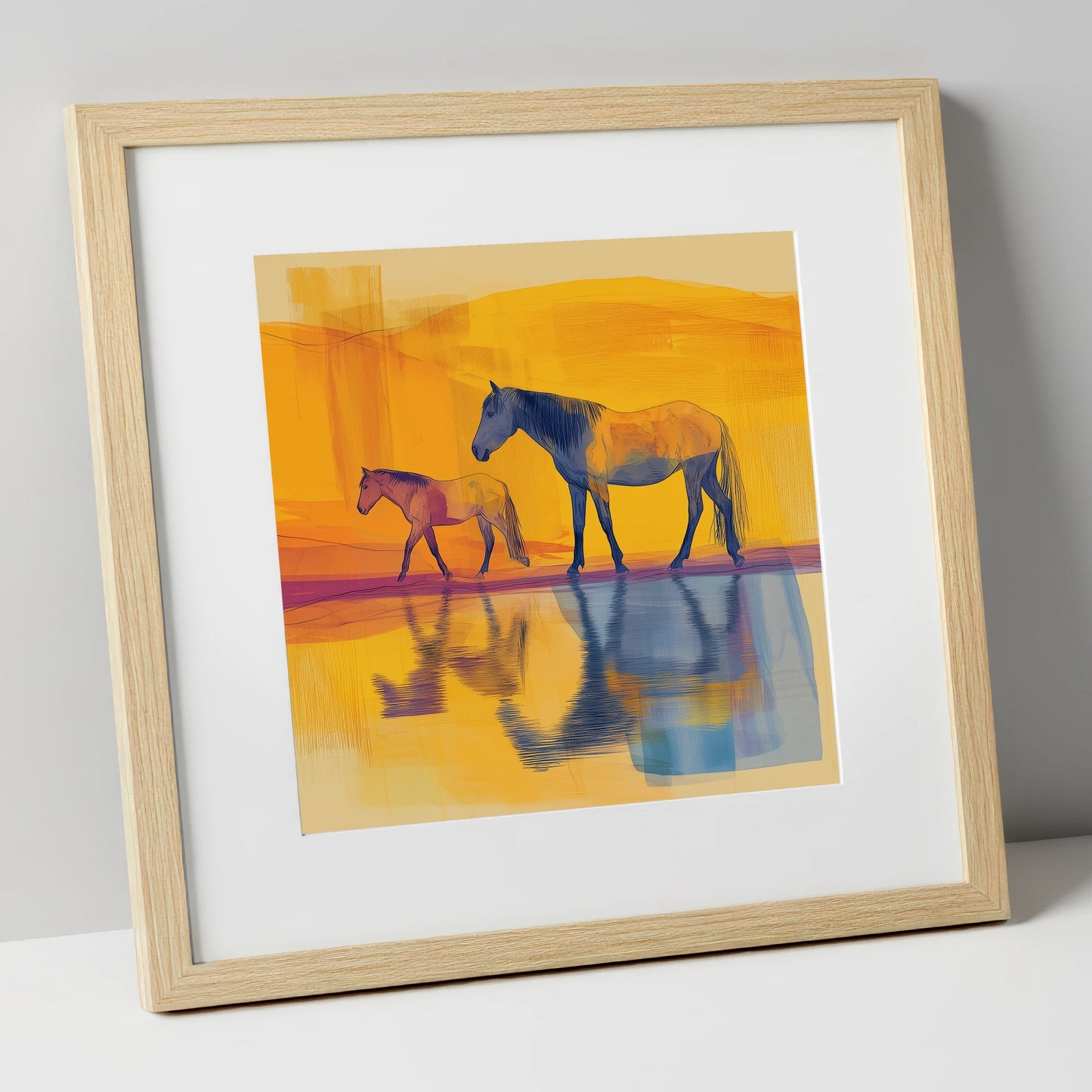 Golden Reflections horse landscape art print in natural frame