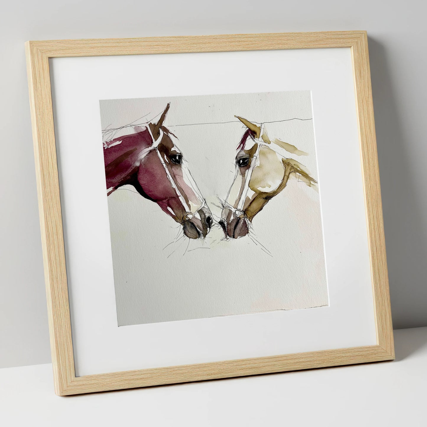 Kindred Spirits horse portrait art print in natural frame