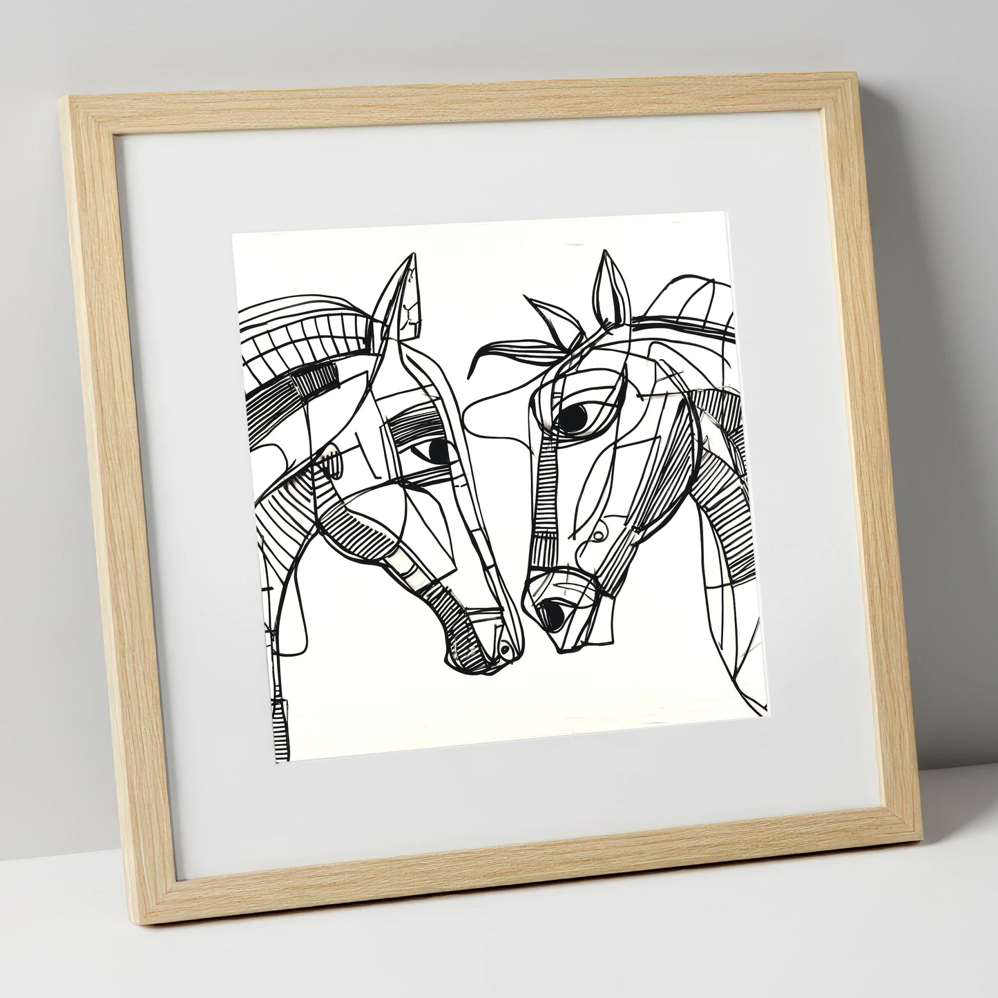 Linear Equine Connection horse portrait art print in natural frame