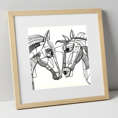 Linear Equine Connection horse portrait art print in natural frame