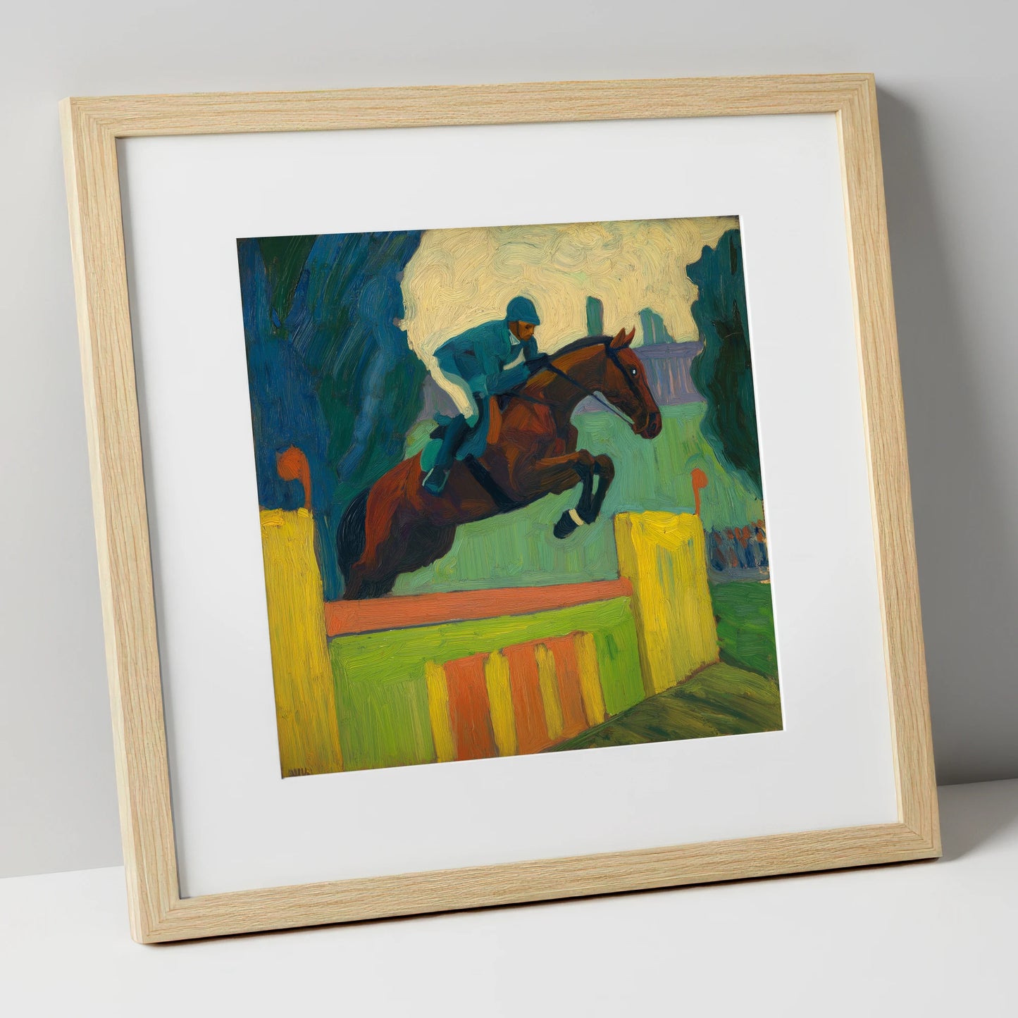 Over the Vivid Wall show jumping horse art print in natural frame