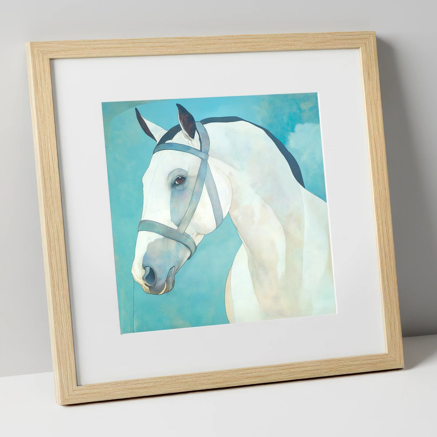 Serene Focus in Teal horse portrait art print in natural frame