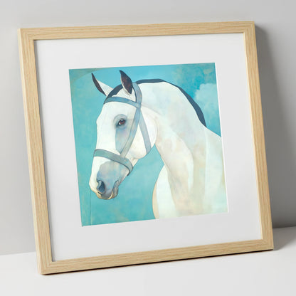 Serene Focus in Teal horse portrait art print in natural frame