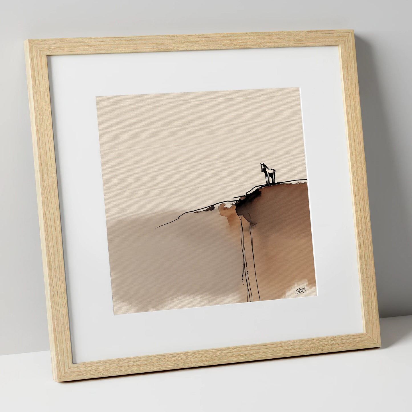 Sentinel on the Edge horse landscape art print in natural frame