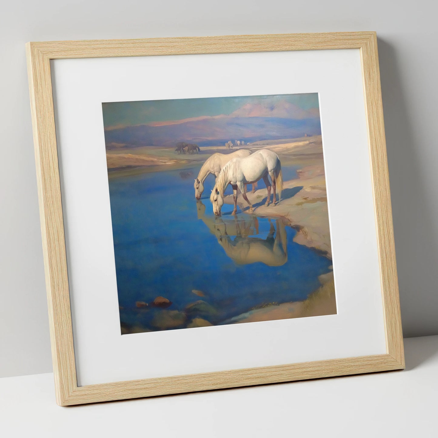 Reflections in Azure wild horses art print in natural frame