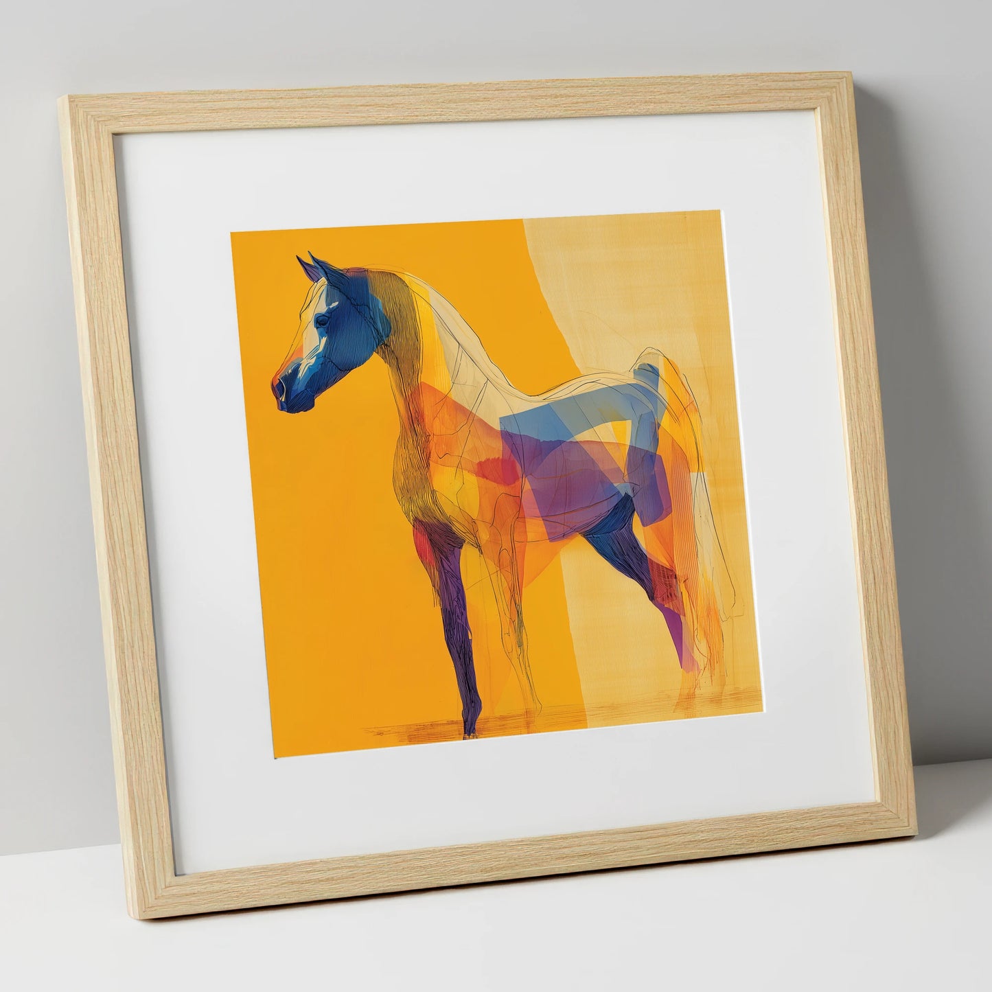 Prismatic Arabian Silhouette horse breed art print in natural frame
