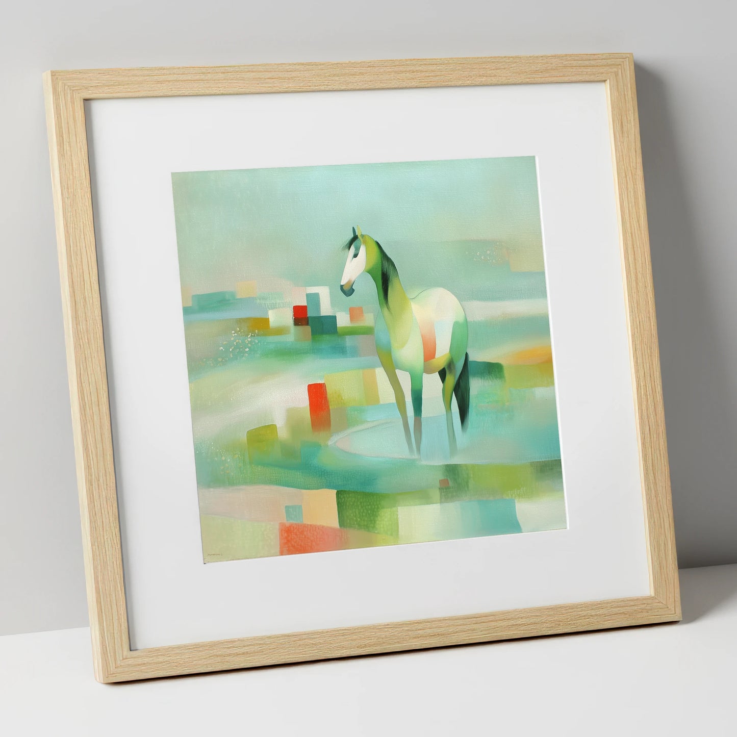 Geometric Coastal Equine beach horse art print in natural frame