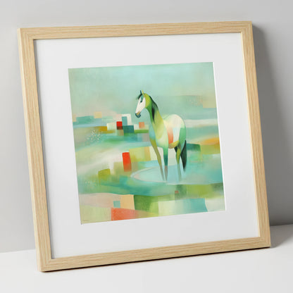 Geometric Coastal Equine beach horse art print in natural frame