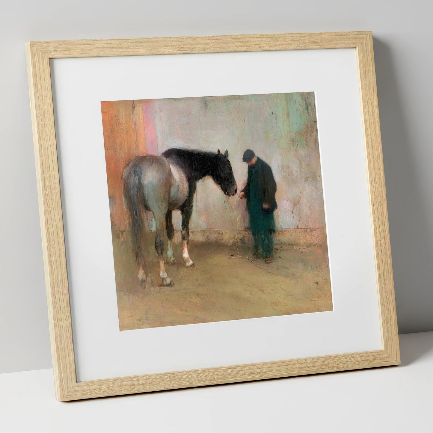 A Quiet Word horse & rider art print in natural frame