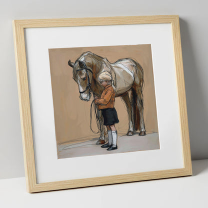 Gentle Companionship horse & rider art print in natural frame