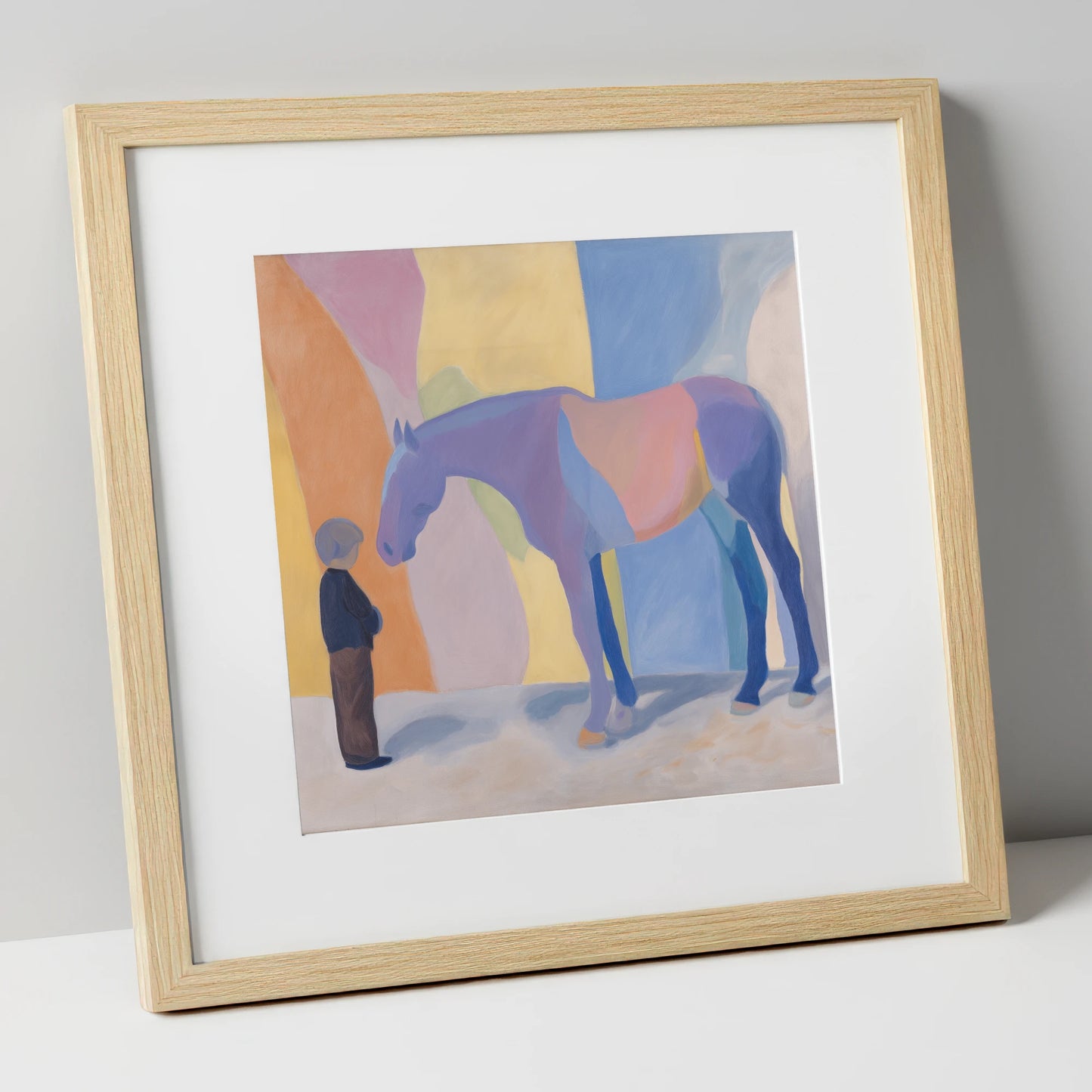 Shared Silence horse & rider art print in natural frame