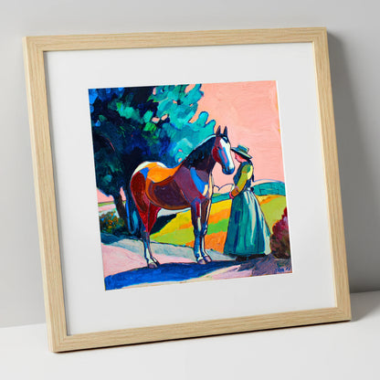 Painted Bond horse & rider art print in natural frame